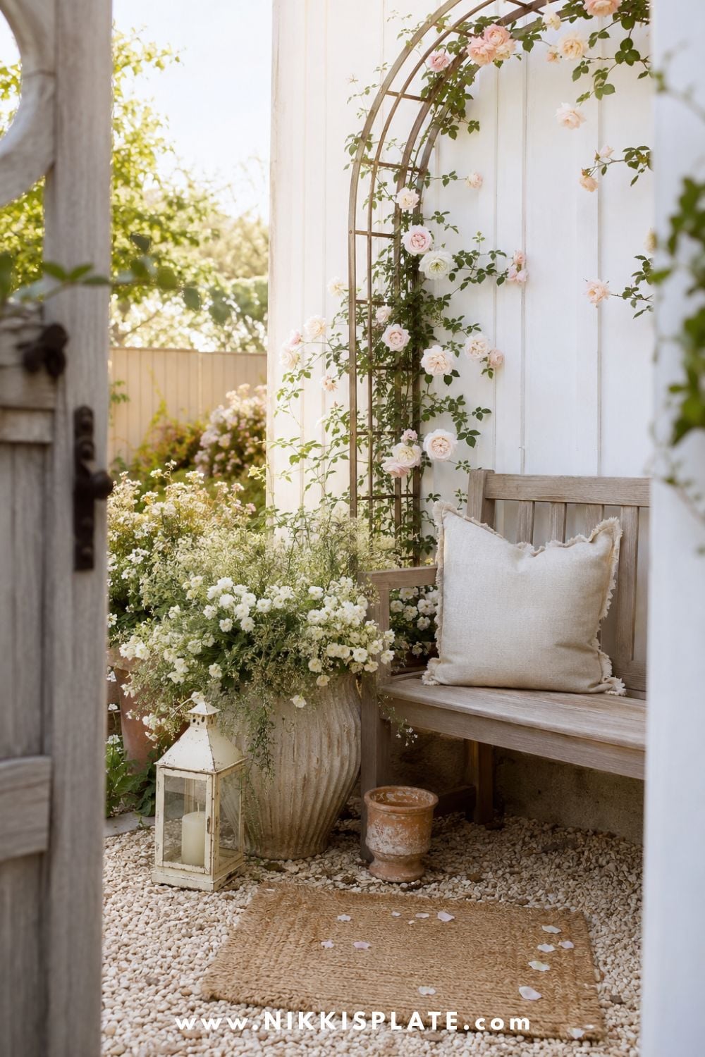 Cozy backyard garden corner with a wooden bench, climbing roses, potted flowers, lantern, and gravel patio.