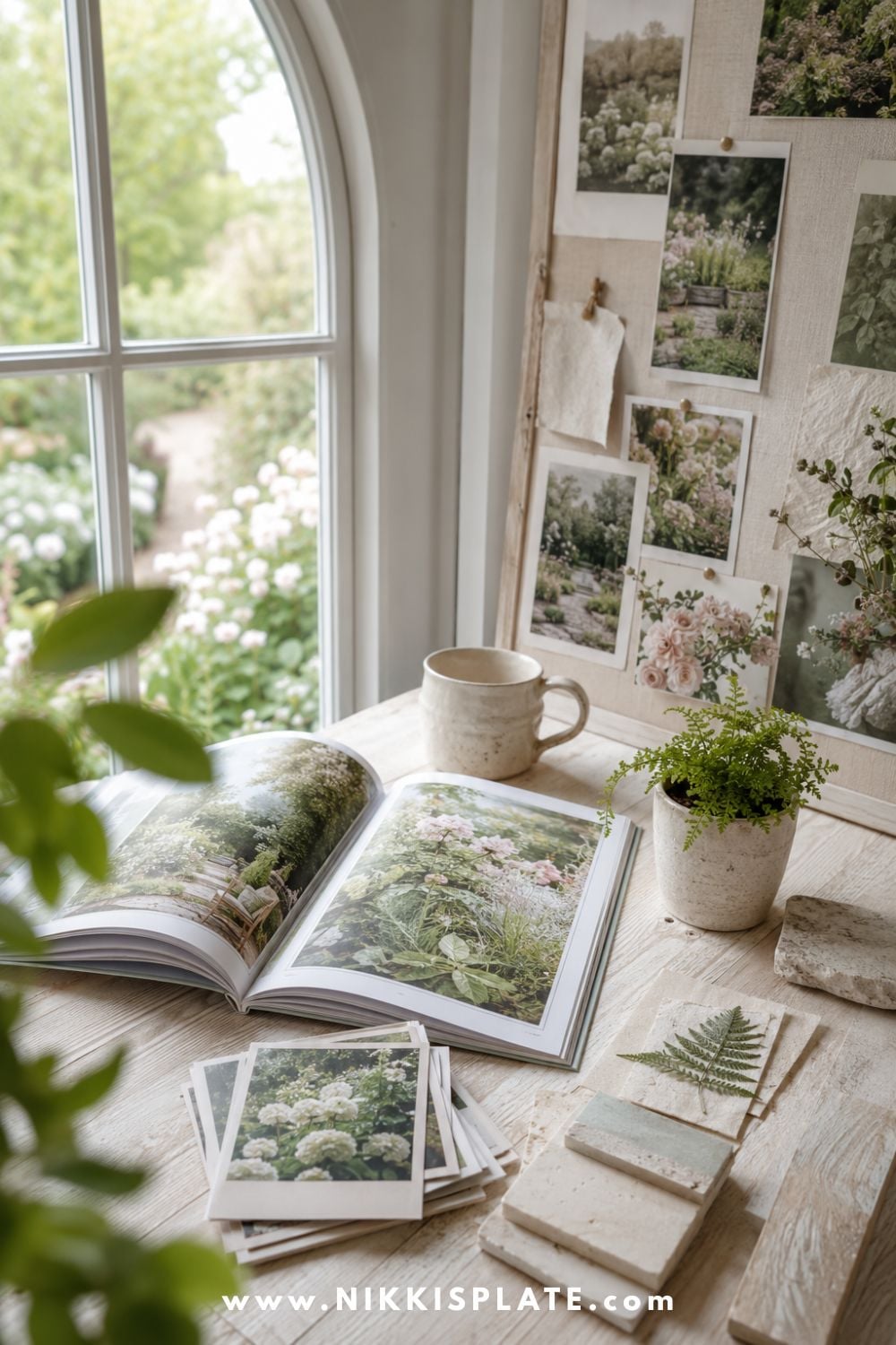 Garden inspiration board with flower photos, an open landscaping book, material samples, and a view of a cottage-style backyard garden.