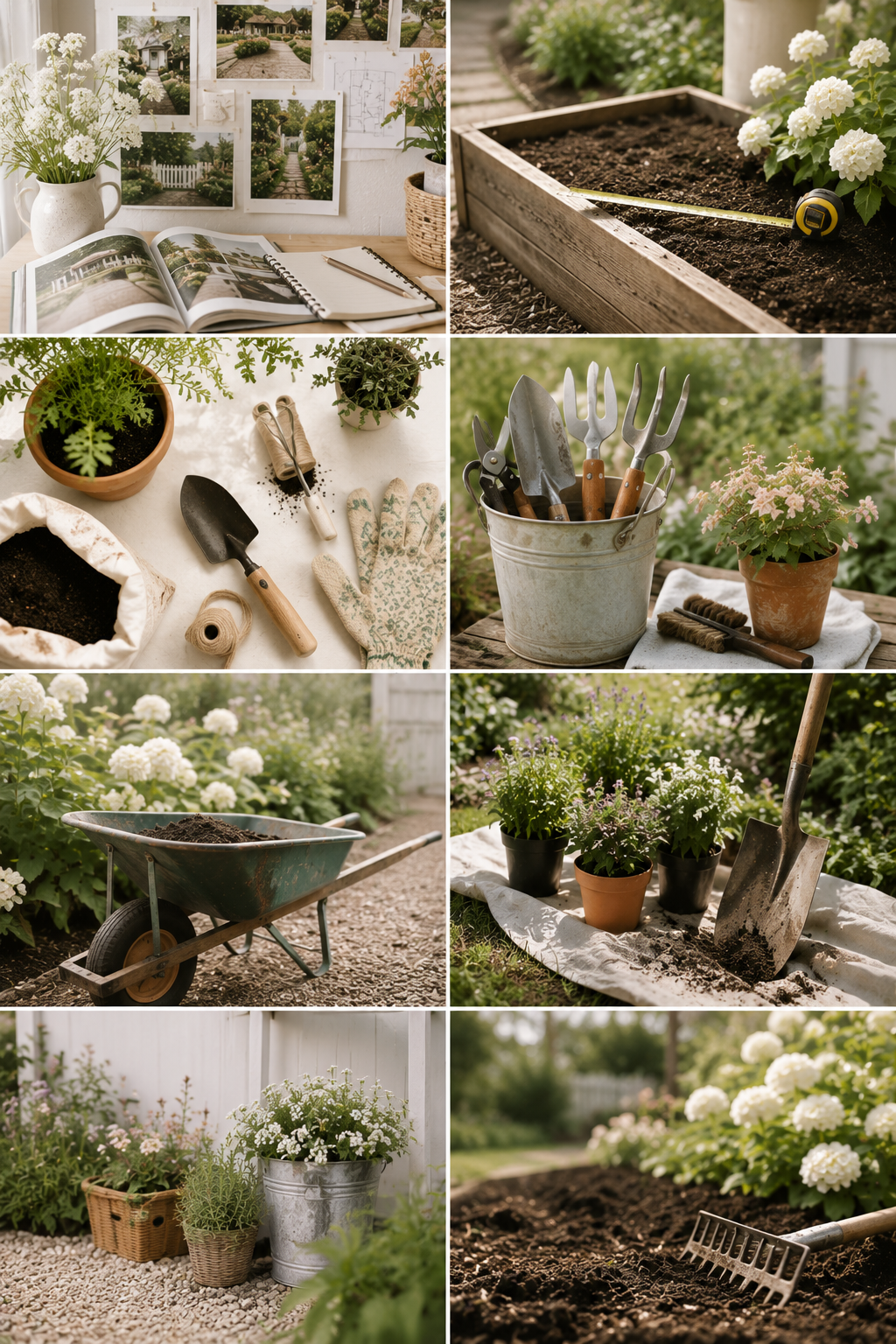 Backyard garden project inspiration board with garden plans, tools, plants, raised beds, soil, and a wheelbarrow.