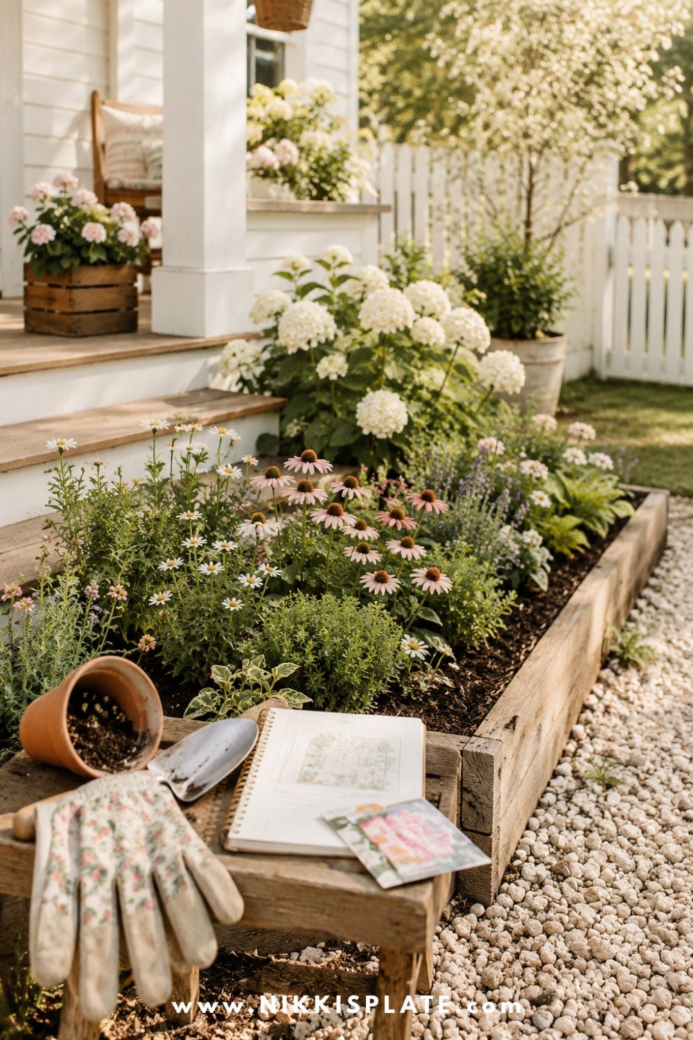 Backyard garden project with a raised flower bed, gravel path, garden tools, planning notebook, and blooming cottage-style flowers.