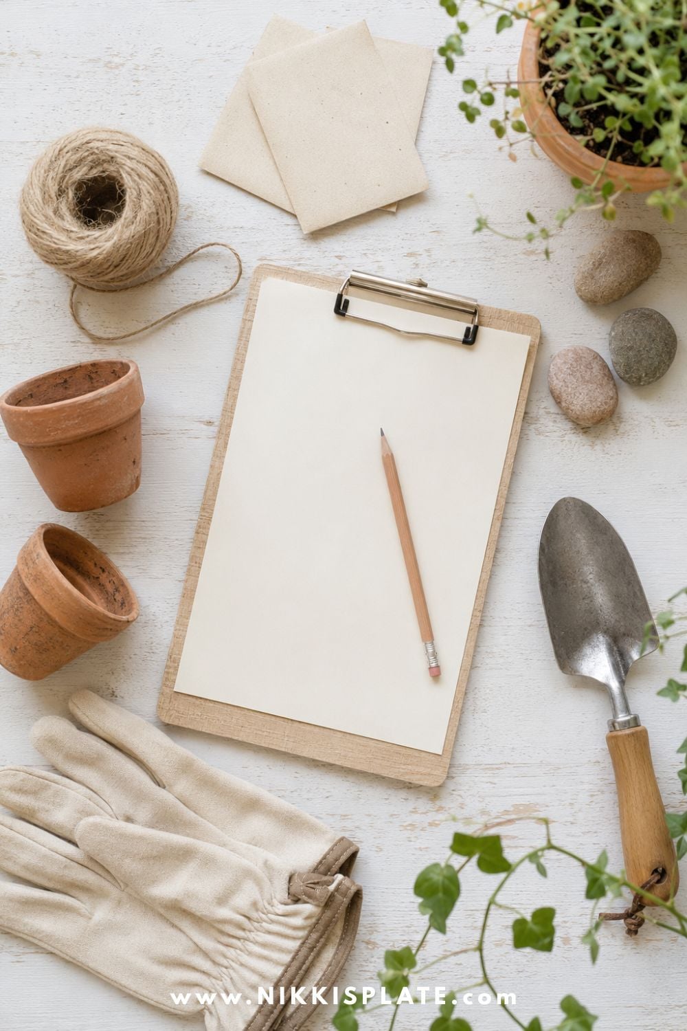 Blank garden supply list on a clipboard surrounded by gardening gloves, a hand trowel, terracotta pots, twine, and greenery.