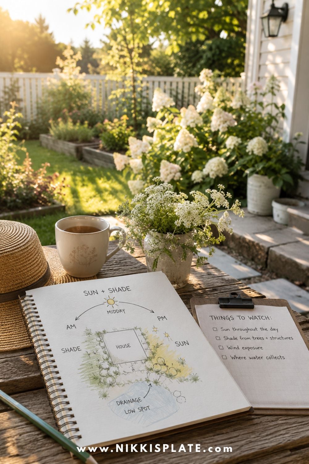 Garden planning notebook showing sun, shade, and drainage notes beside a bright backyard with raised flower beds and hydrangeas.