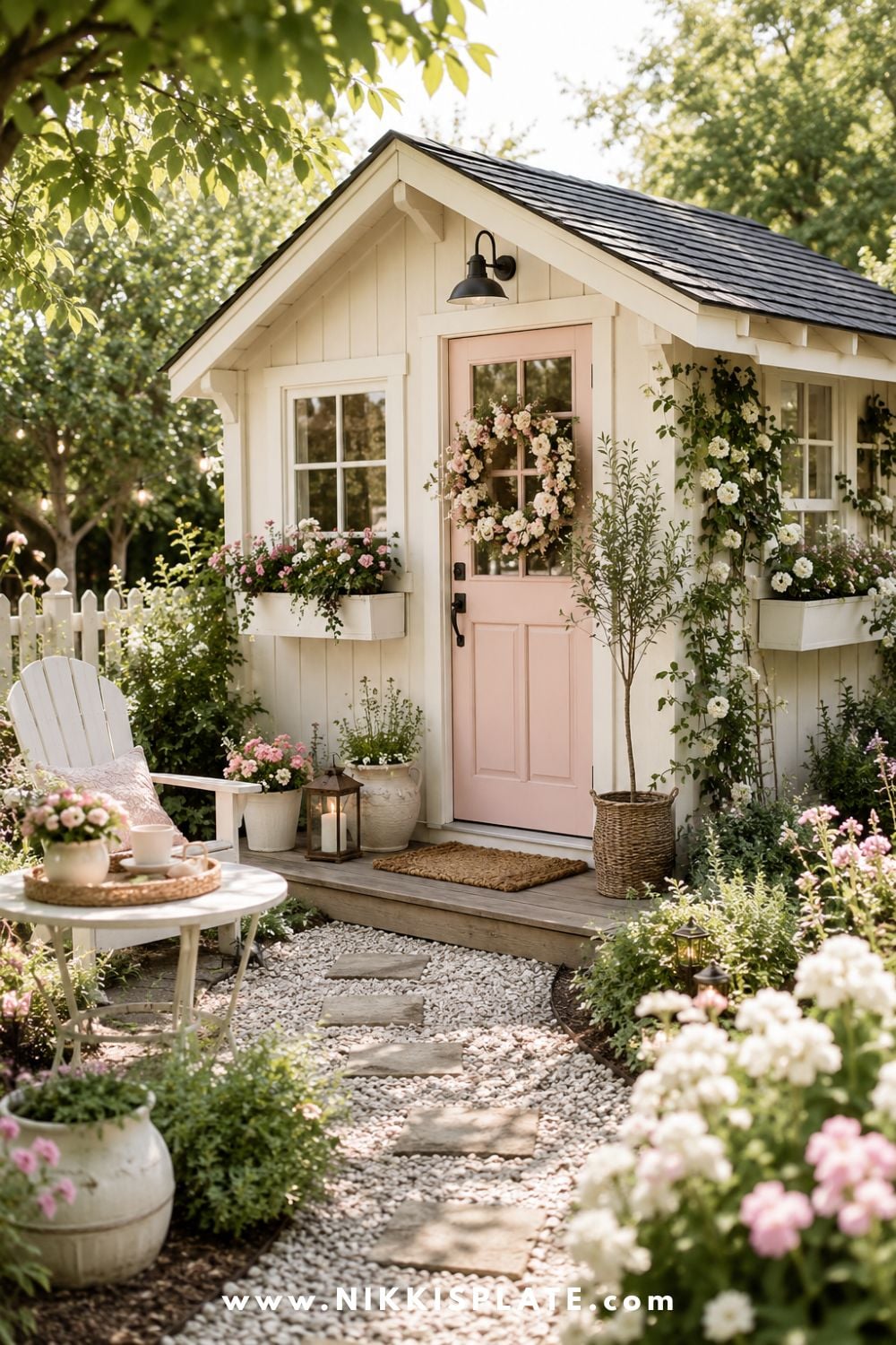 Charming backyard she shed with a blush door, flower-filled window boxes, climbing blooms, outdoor seating, and a gravel garden path.