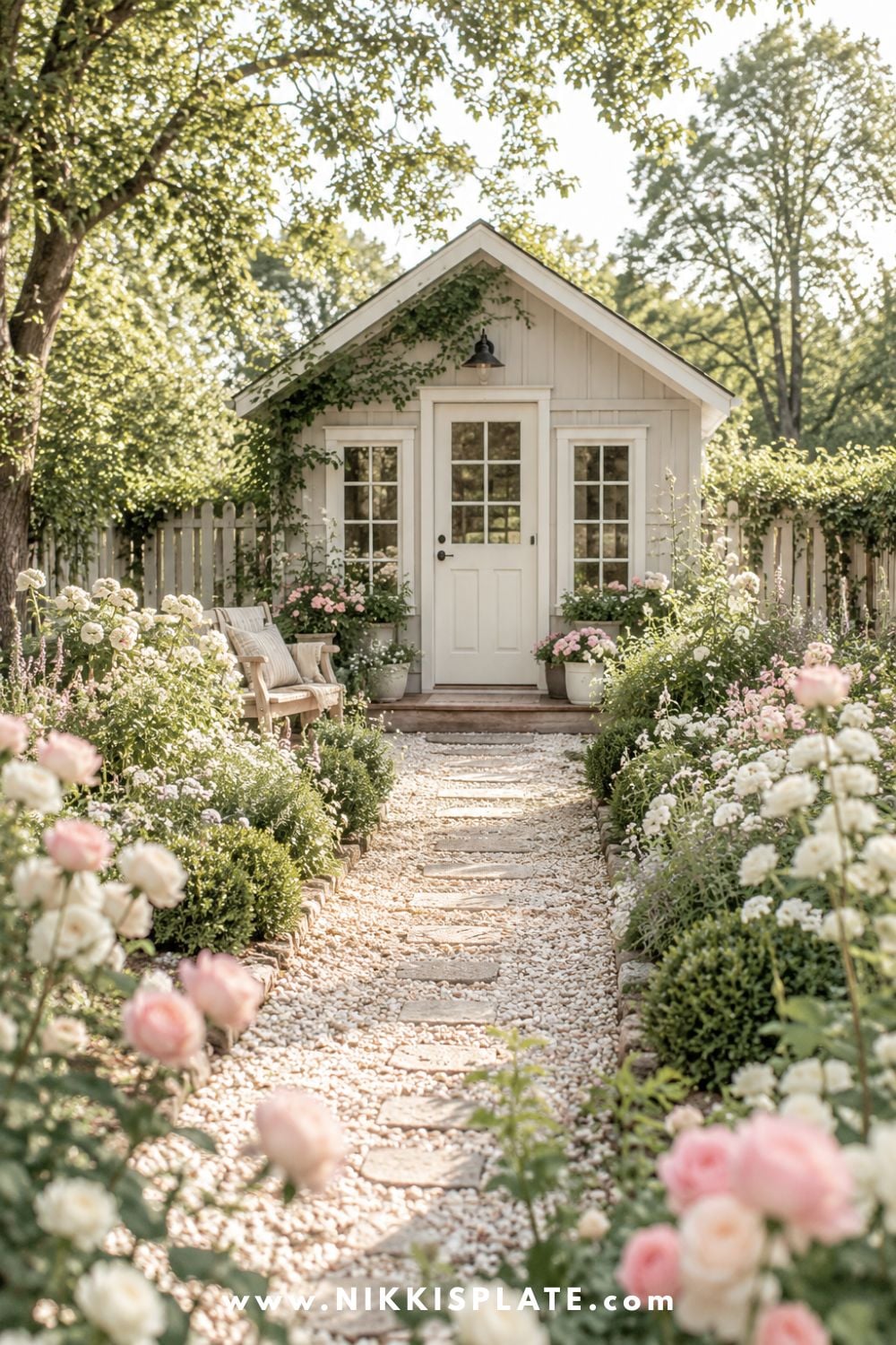 Curved gravel garden path lined with flowers leading to a cozy backyard she shed
