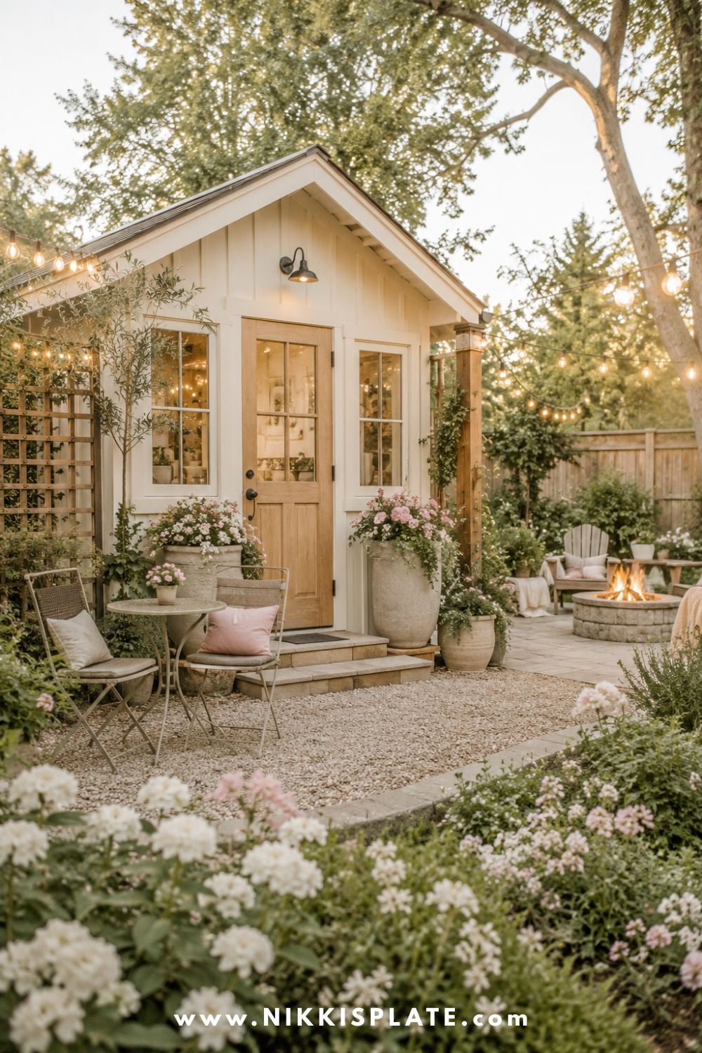 Cozy backyard she shed with a gravel patio, bistro seating, flower-filled planters, string lights, and a fire pit surrounded by garden landscaping.