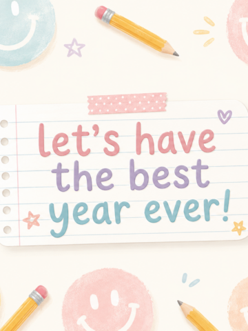 Best year ever teacher desktop wallpaper with soft pastel smiley faces, yellow pencils, hearts, stars, lined notebook paper, and the quote โLetโs have the best year ever!โ for a cheerful back-to-school teacher computer background and classroom desktop wallpaper.