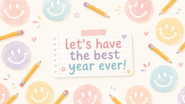 Best year ever teacher desktop wallpaper with soft pastel smiley faces, yellow pencils, hearts, stars, lined notebook paper, and the quote