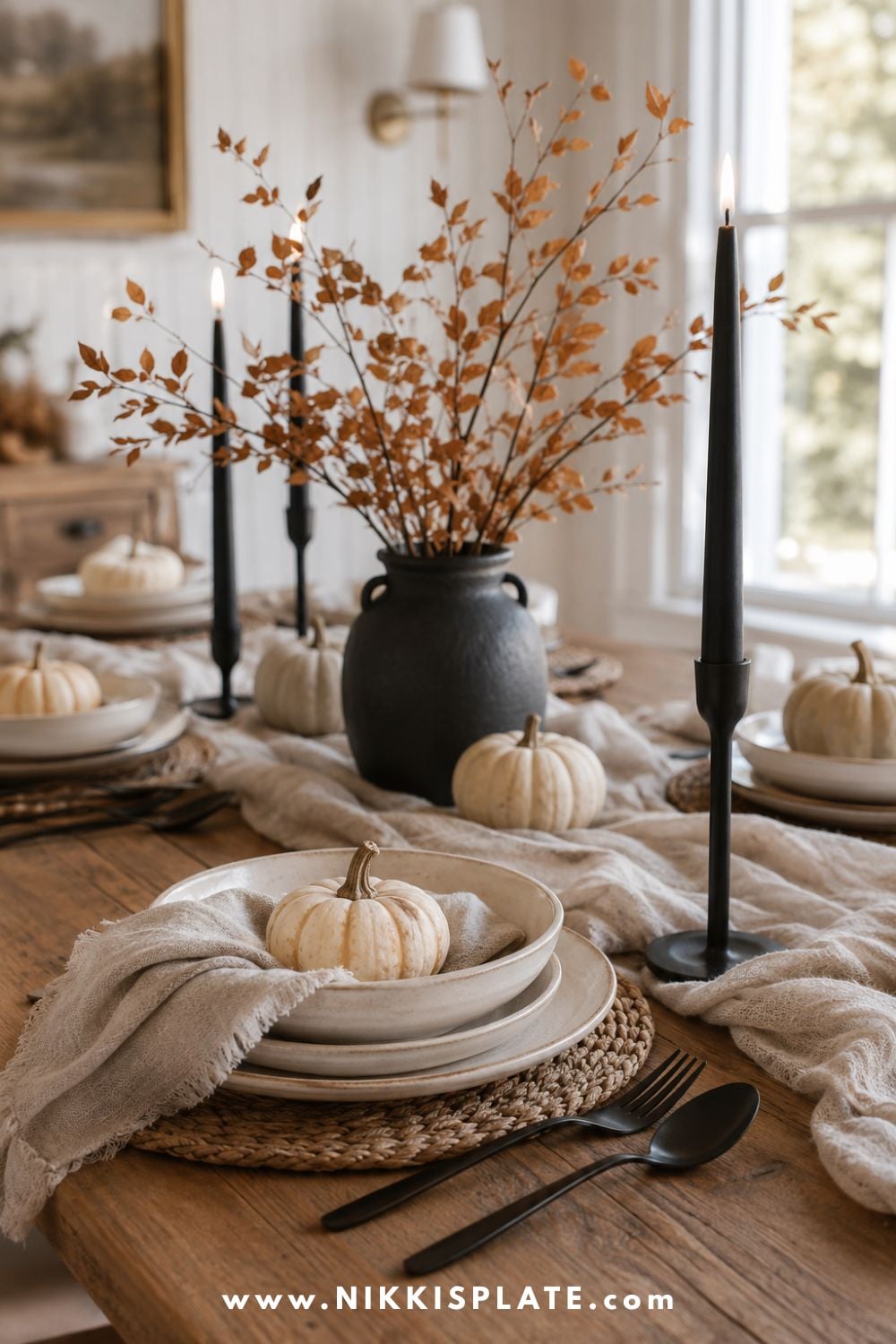 Modern fall dining table with black candlesticks, dark flatware, cream dishes and neutral pumpkin accents.