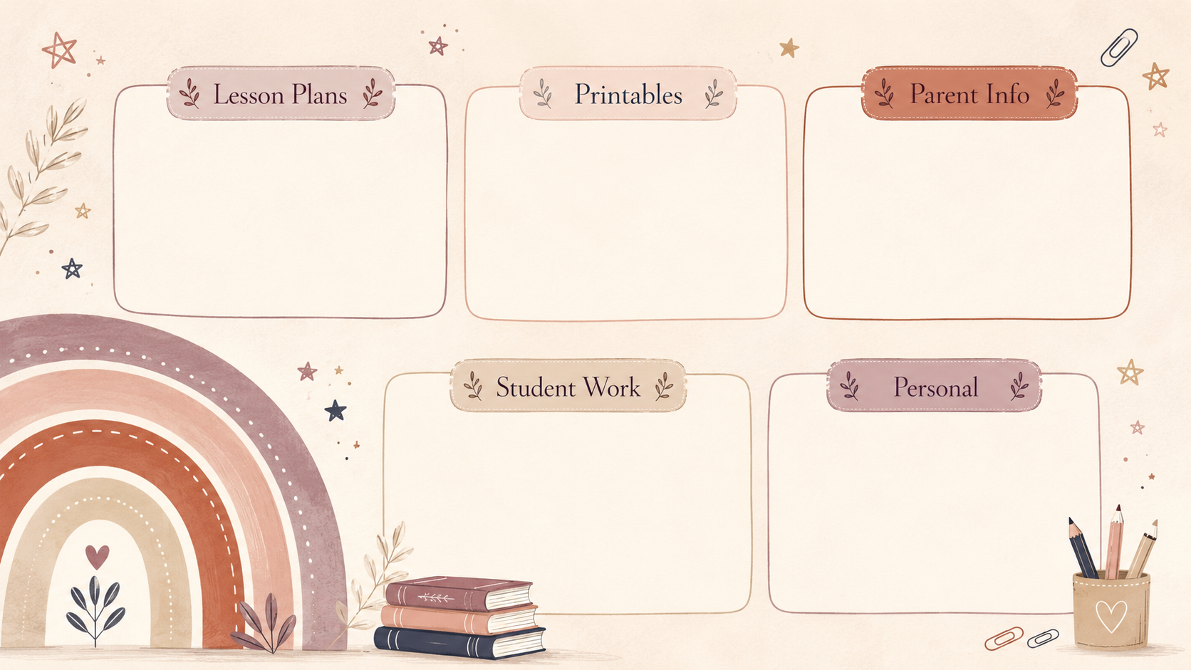 Boho rainbow teacher desktop organizer background with muted earthy colors, labeled sections for Lesson Plans, Printables, Parent Info, Student Work, and Personal, plus stars, books, pencils, paper clips, and soft classroom decor details for organizing teacher computer files.
