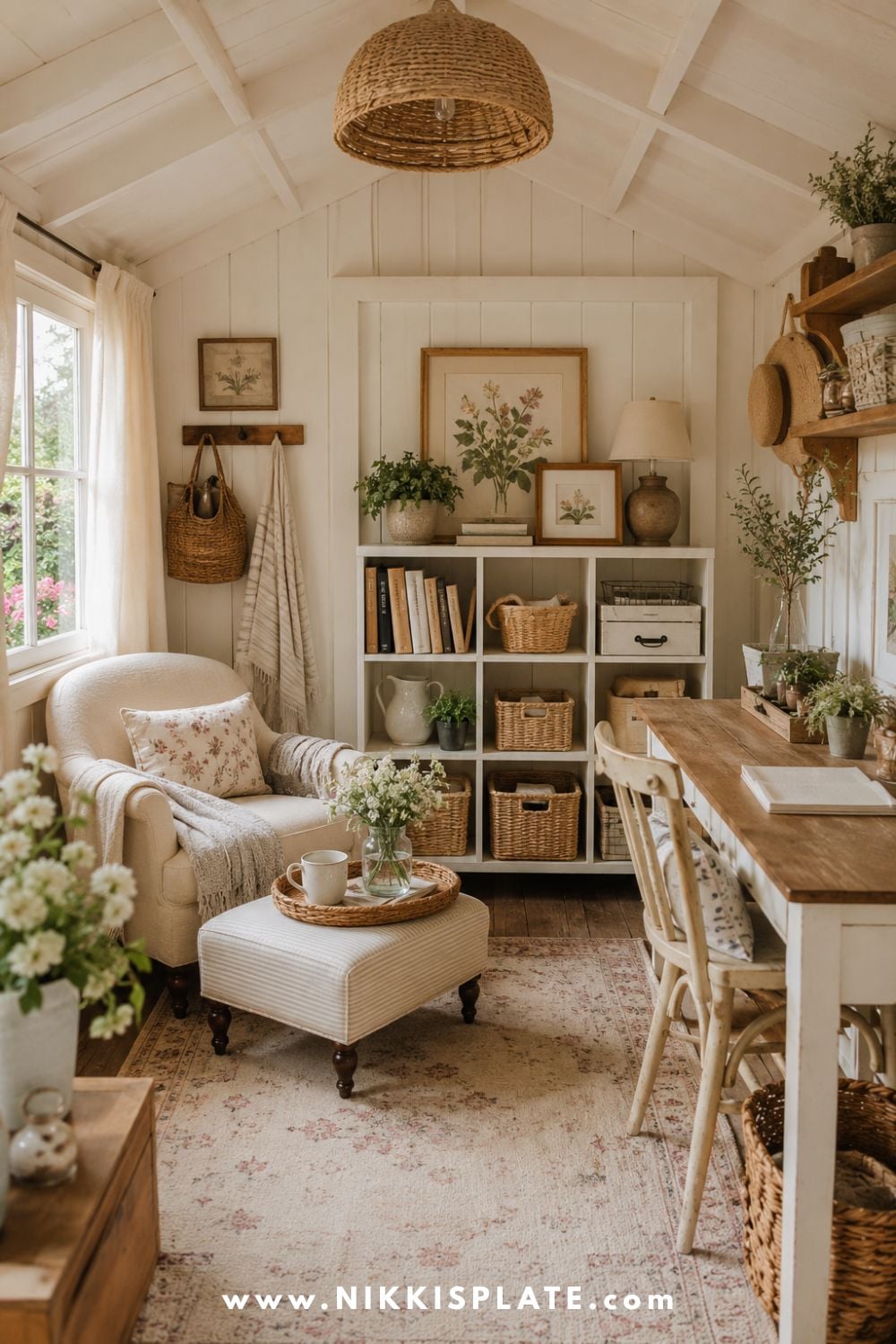 Budget-friendly she shed makeover with thrifted furniture, painted shelves, baskets, and printable artwork
