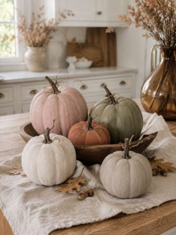 DIY chalk-painted faux pumpkins in cream, taupe, terracotta, blush and olive arranged in a vintage wood bowl on a farmhouse kitchen island.