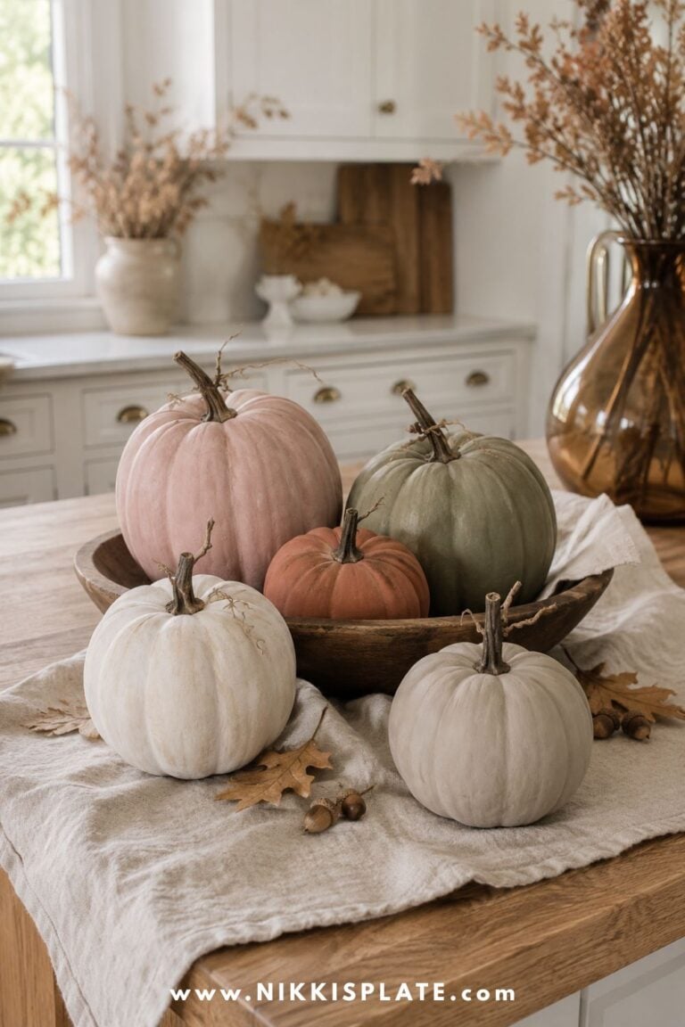 DIY chalk-painted faux pumpkins in cream, taupe, terracotta, blush and olive arranged in a vintage wood bowl on a farmhouse kitchen island.