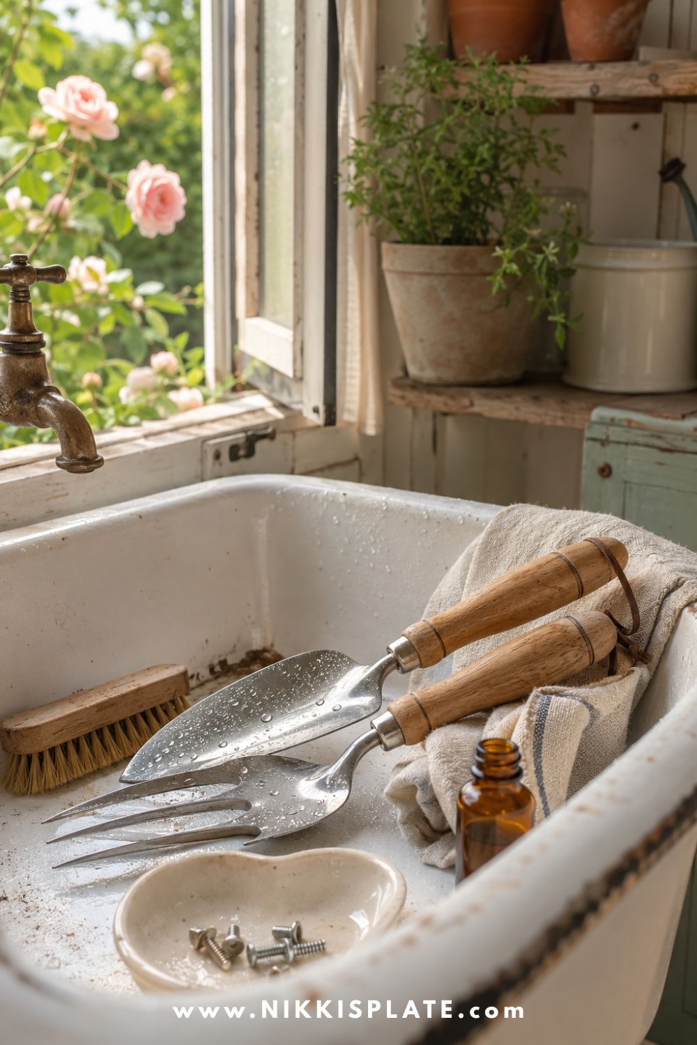 Cleaning and maintaining garden tools in a farmhouse utility sink with a brush, cloth, and oil before starting a backyard garden project.