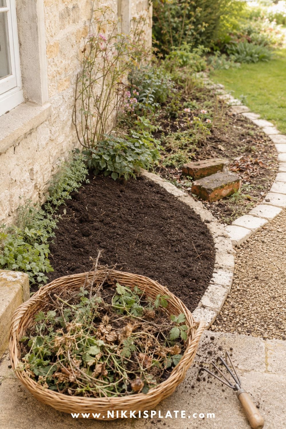 Clearing weeds, debris, and old materials from a backyard garden bed before starting a garden project.