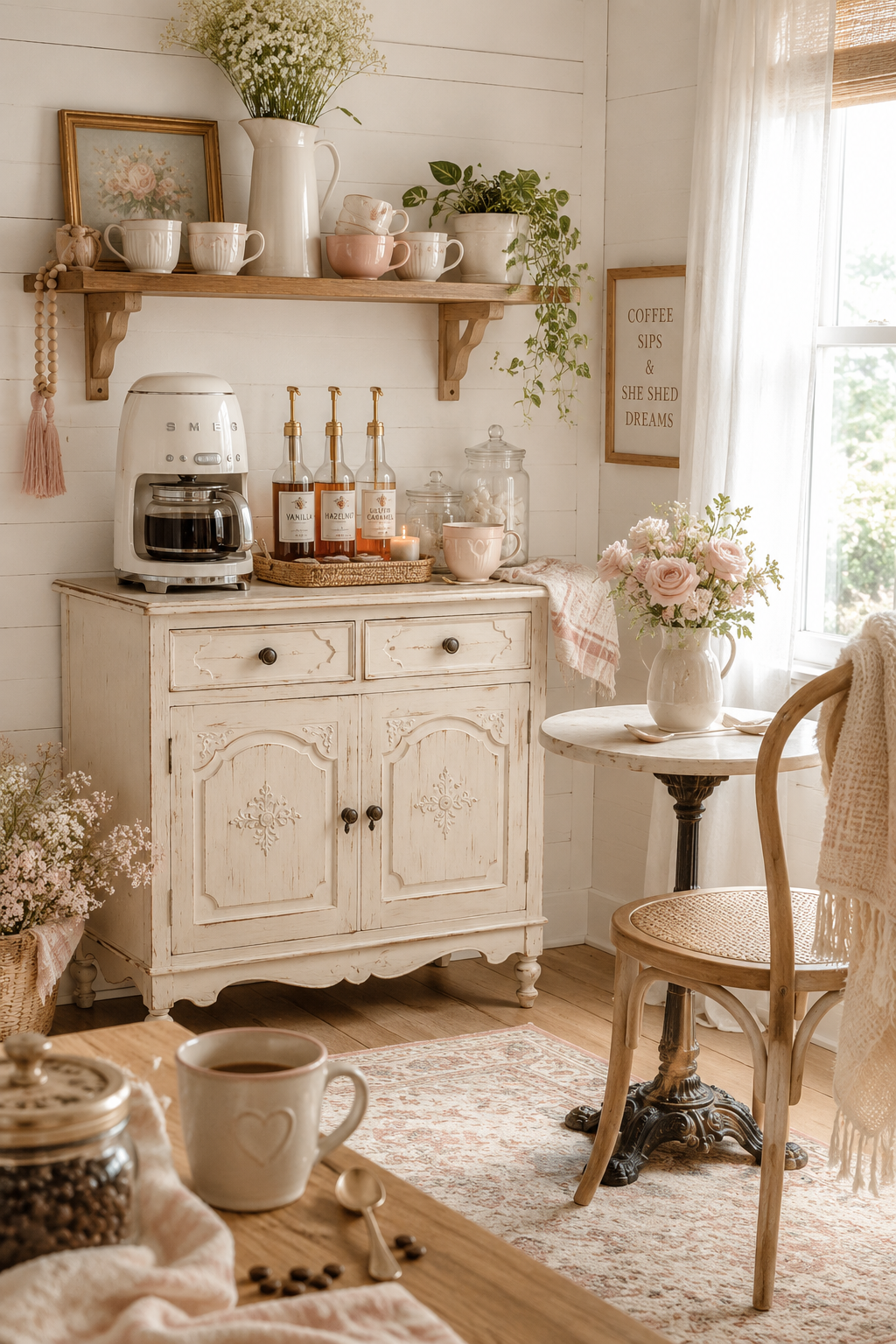Cozy coffee bar she shed with a coffee maker, neutral mugs, open shelving, and bistro seating