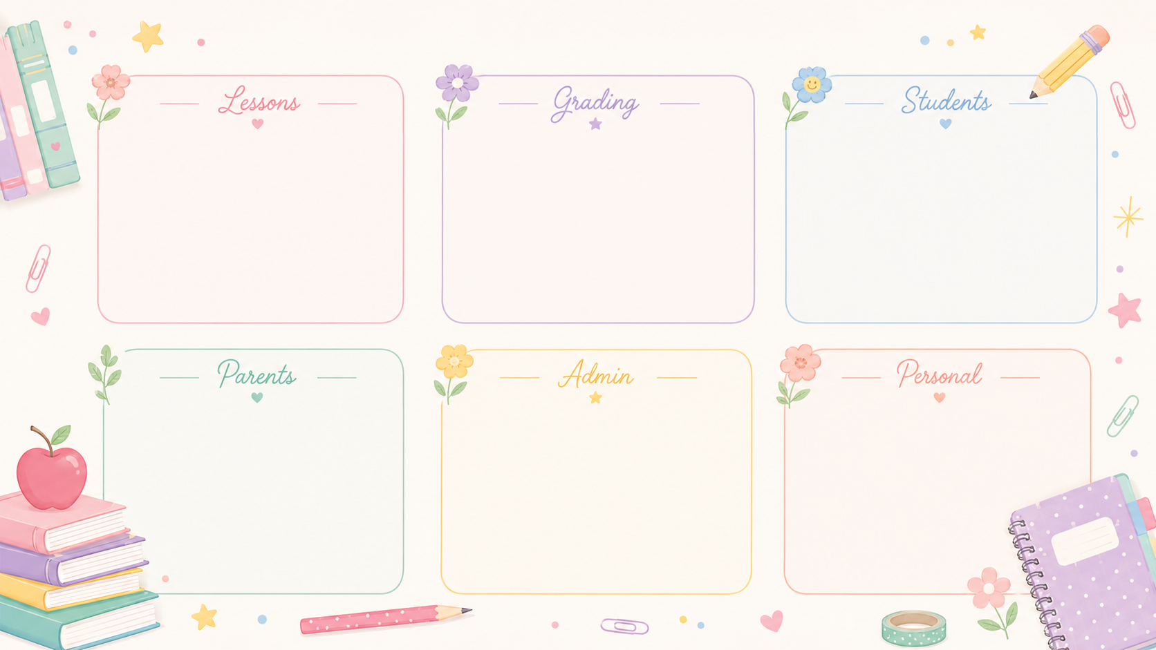 Color-coded teacher desktop organizer wallpaper with soft pastel sections labeled Lessons, Grading, Students, Parents, Admin, and Personal, plus watercolor books, apple, pencils, flowers, paper clips, stars, and notebook for organizing teacher computer files and classroom desktop icons.