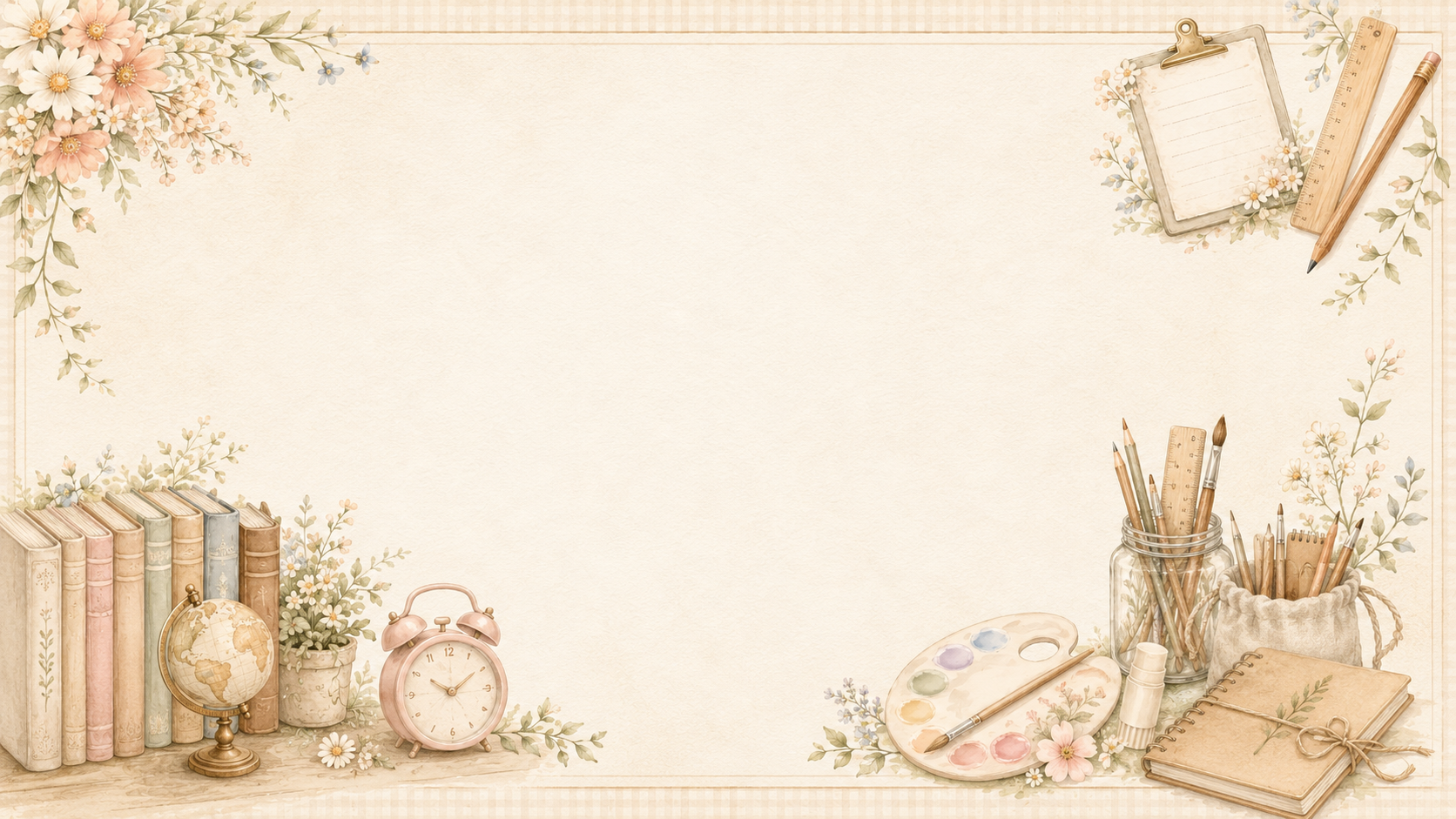 Cottagecore teacher desktop wallpaper with soft cream gingham texture, vintage books, florals, globe, clock, clipboard, pencils, paint palette, notebook, and cozy classroom supplies with open center space for teacher computer files and desktop icons.