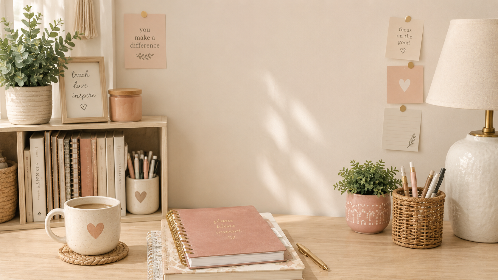 Cozy classroom computer wallpaper with warm neutral teacher desk, bookshelf, coffee mug, planner, pens, plants, soft lamp light, and inspirational notes for a calm teacher desktop background with open space for classroom files and desktop icons.