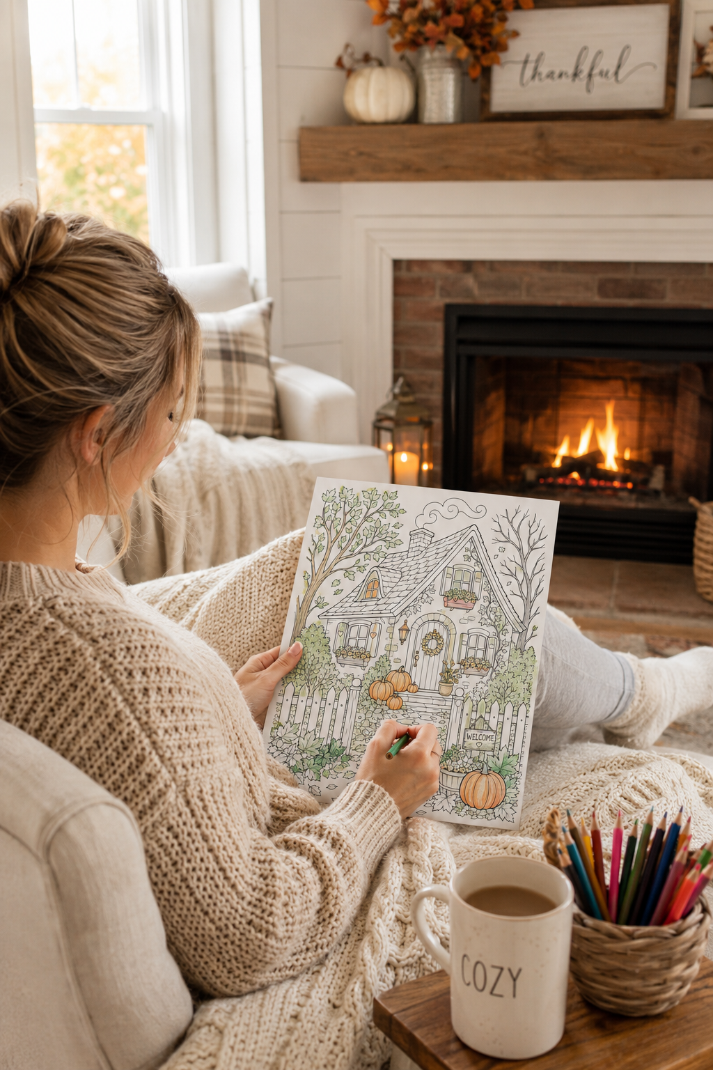 woman coloring a cozy fall cottage coloring page by the fireplace with a blanket, mug, and colored pencils