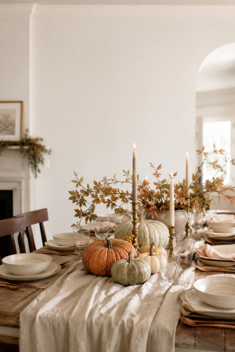 Cozy fall table decor with neutral pumpkins, brass candles, autumn branches and a soft linen runner on a farmhouse dining table.