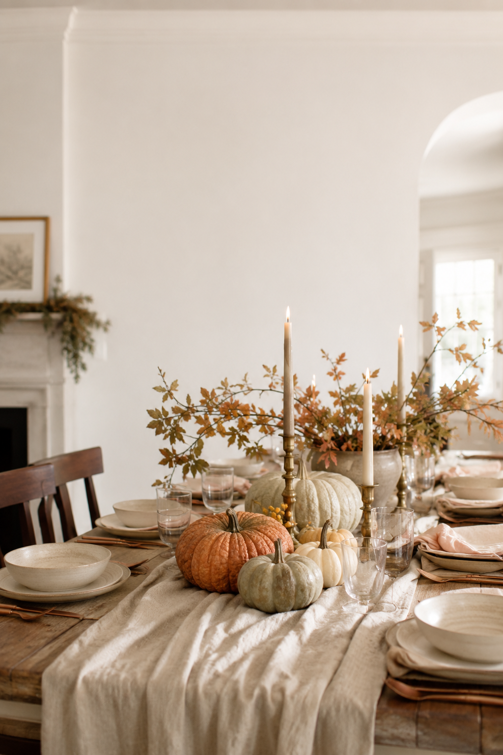Cozy fall table decor with neutral pumpkins, brass candles, autumn branches and a soft linen runner on a farmhouse dining table.