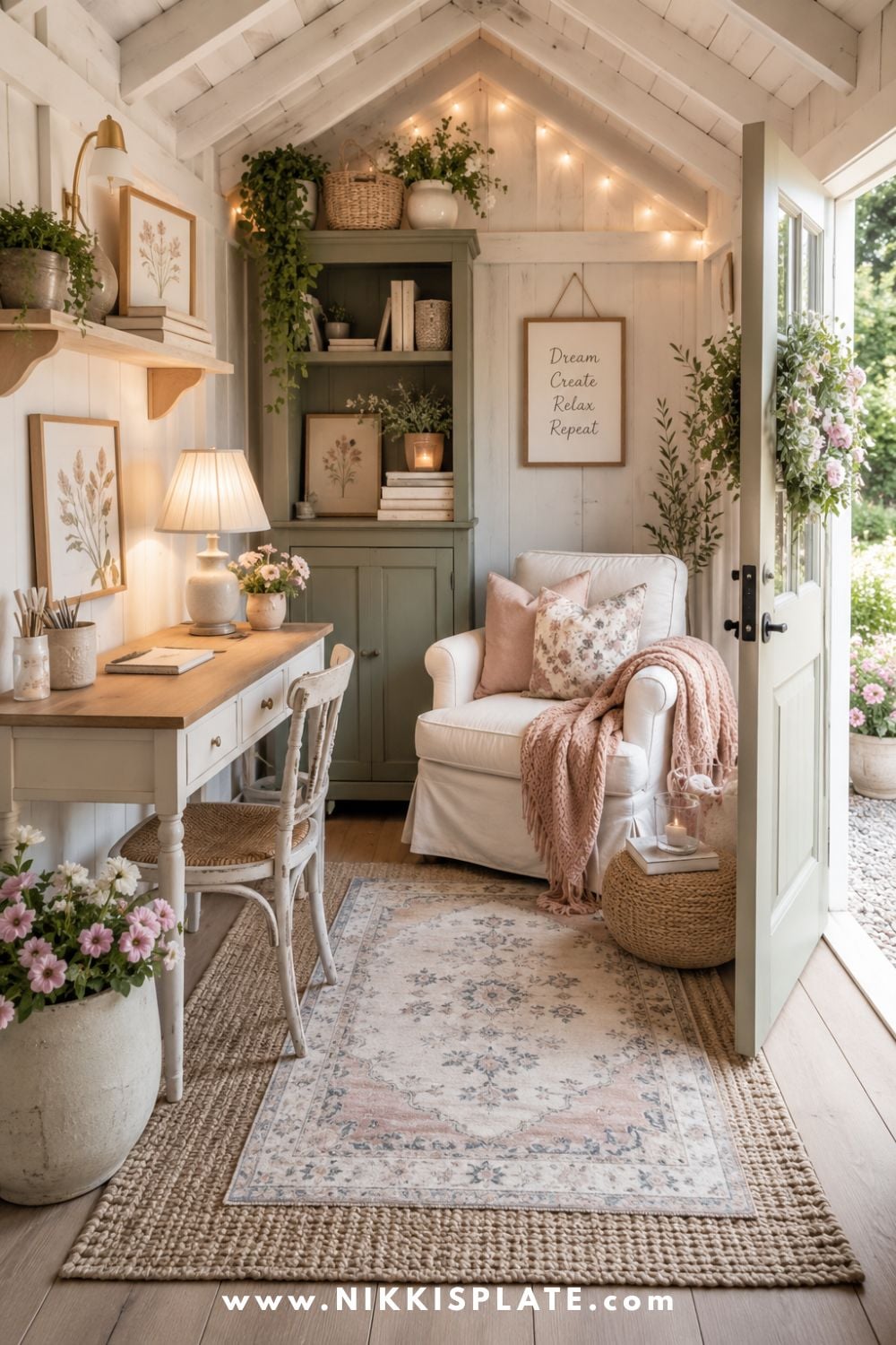 Cozy she shed office and reading nook with a farmhouse desk, white armchair, blush textiles, built-in storage, floral decor, and an open garden door.