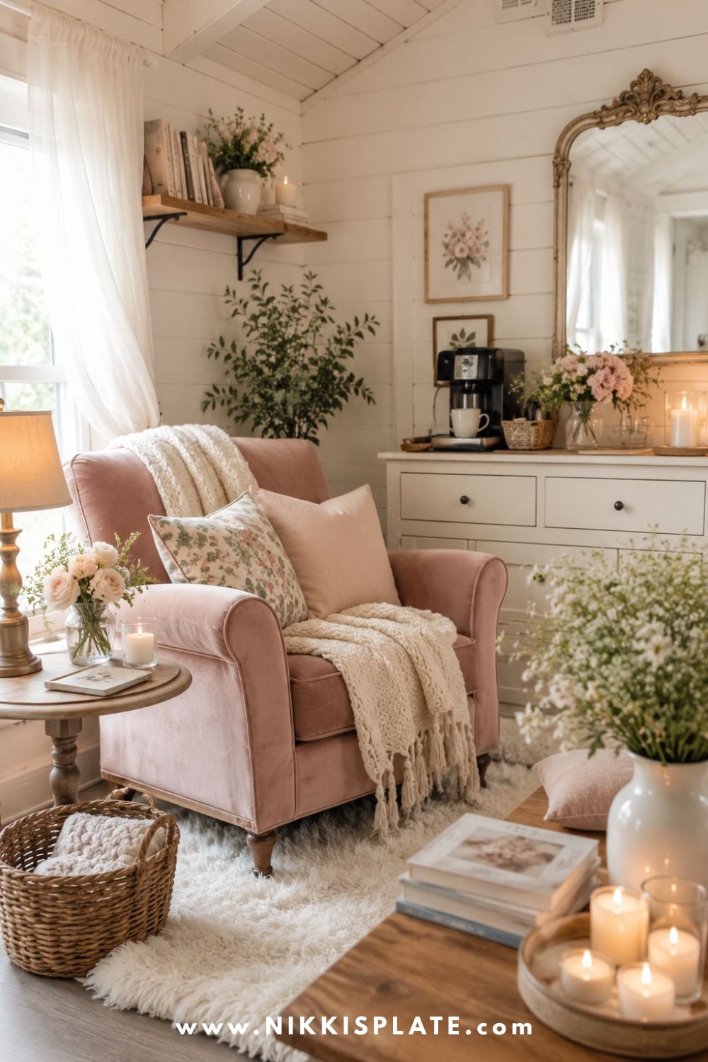 Cozy woman cave she shed interior with a blush armchair, layered blankets, floral pillows, coffee bar, vintage mirror, flowers, and warm candlelight.