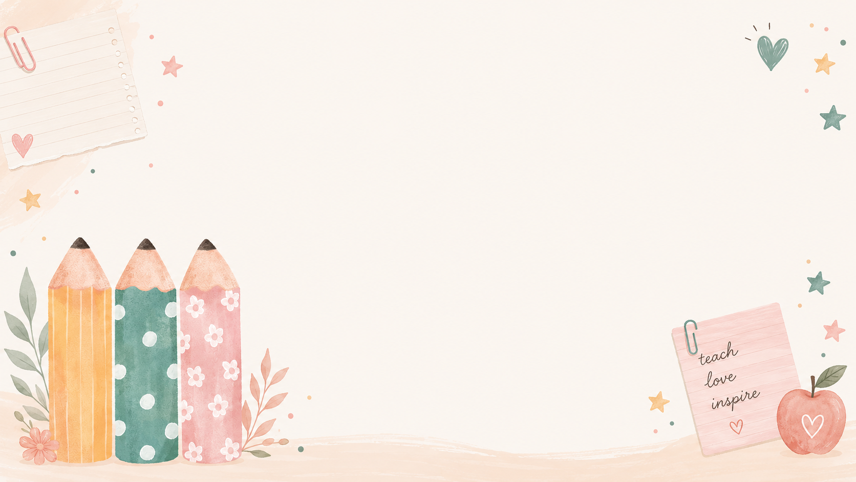 Cute pencil teacher desktop wallpaper with soft cream background, colorful watercolor pencil illustrations, lined paper, paper clips, stars, apple, leafy accents, and