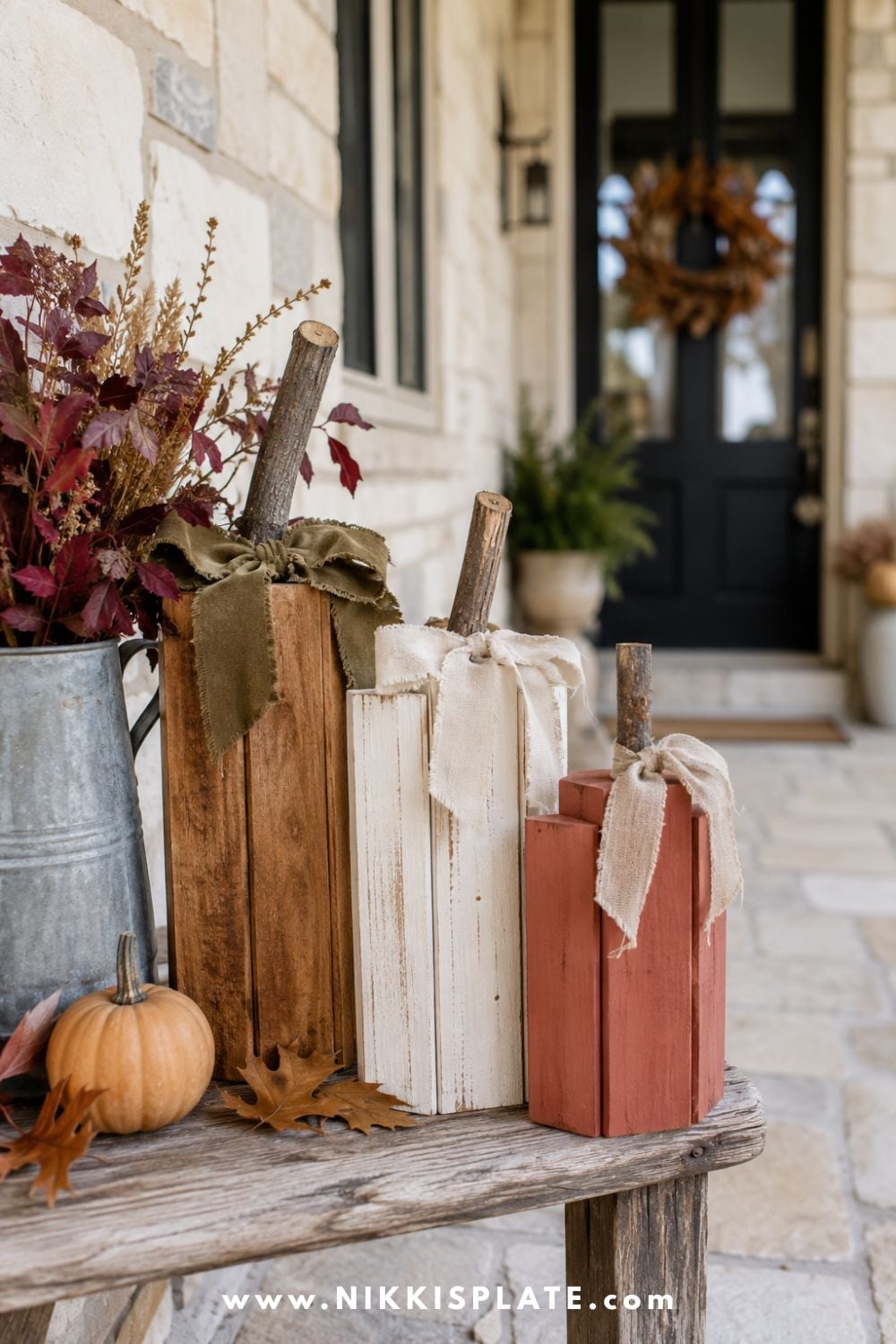 Rustic scrap-wood pumpkins with twig stems and linen bows displayed beside autumn branches on a covered farmhouse porch.