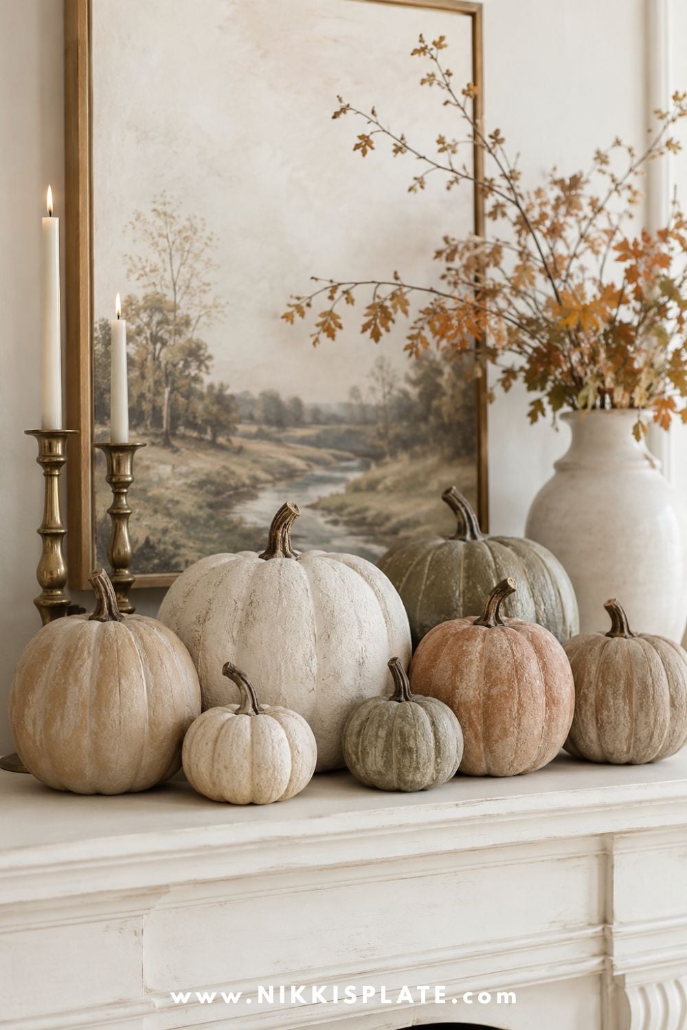 Dollar Store faux pumpkins transformed with textured finishes in cream, taupe, terracotta and olive for elevated fall decor.