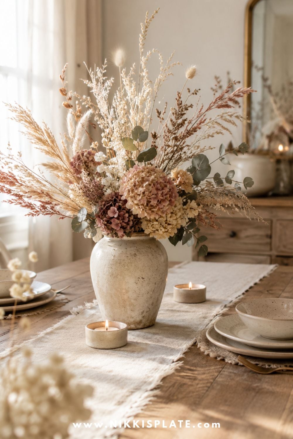 Feminine dried-flower fall centerpiece with hydrangeas, wheat, bunny tails and eucalyptus in a stoneware vase.