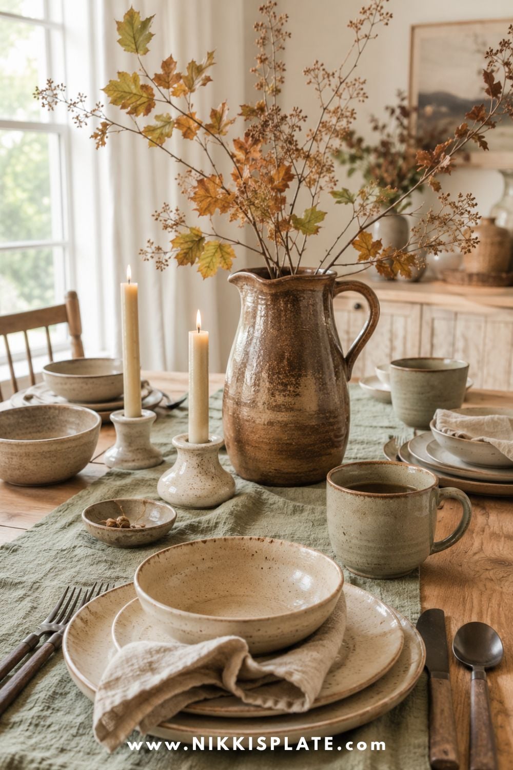 Earthy fall tablescape with speckled stoneware dishes, sage mugs and a rustic pitcher filled with autumn branches.