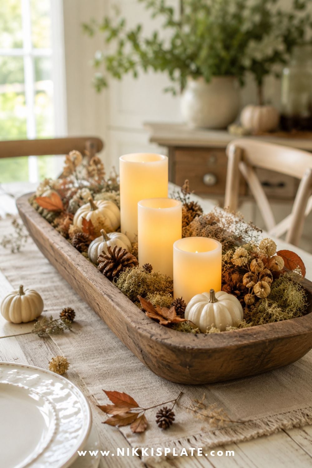 Fall dough bowl centerpiece with ivory candles, miniature pumpkins, moss, pinecones and dried leaves on a pale wood table.