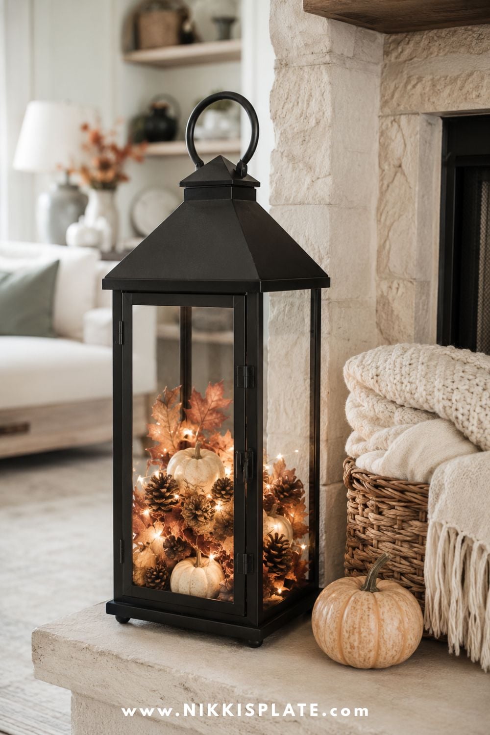Black lantern filled with autumn leaves, miniature pumpkins, pinecones and warm fairy lights on a limestone fireplace hearth.