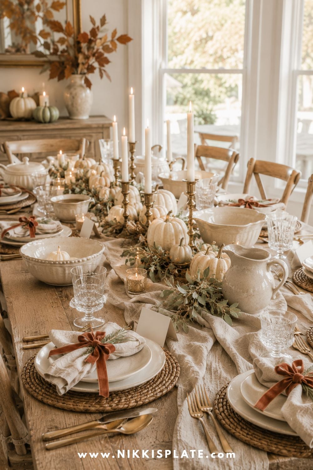 Welcoming farmhouse Thanksgiving table with woven chargers, neutral pumpkins, brass candles and layered place settings.