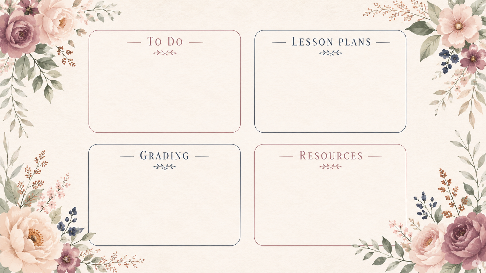 Floral teacher desktop organizer background with soft cream texture, blush mauve flowers, sage greenery, navy and mauve outlined sections labeled To Do, Lesson Plans, Grading, and Resources for organizing teacher computer files, lesson plans, and classroom desktop icons.
