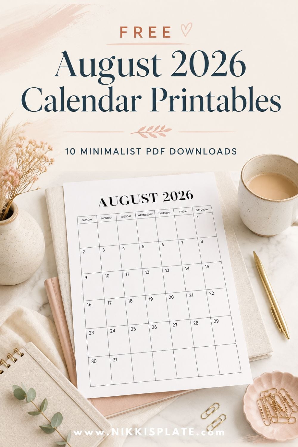 Download the 10 minimalist August 2026 calendar printable in PDF format. Clean, simple monthly calendars perfect for home, office, planners, back-to-school schedules, meal planning, and family organization.