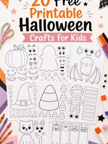 Looking for free printable Halloween crafts for kids? These cute Halloween printables include pumpkins, ghosts, bats, witch hats, candy corn, mummies, black cats, and bookmarks. Perfect for toddlers, preschoolers, classrooms, and easy October activities at home.