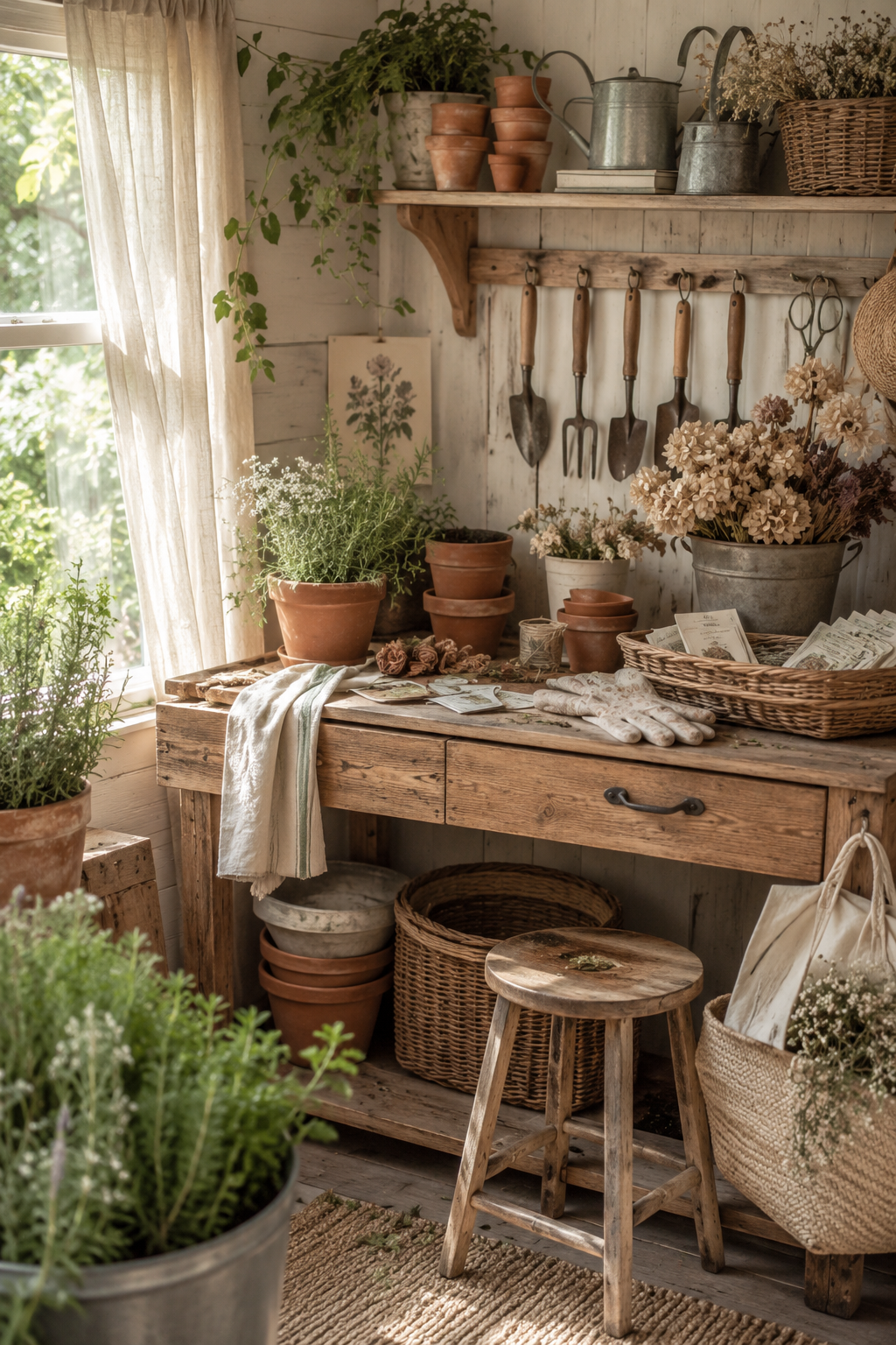 Garden she shed with a rustic potting bench, terracotta pots, hanging tools, and dried flowers
