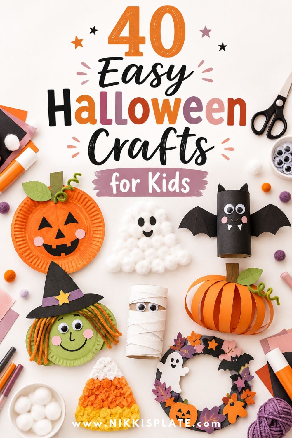 Find 40 easy Halloween crafts for kids, including cute pumpkins, ghosts, bats, spiders, witches, and low-mess Halloween craft ideas for toddlers and preschoolers.