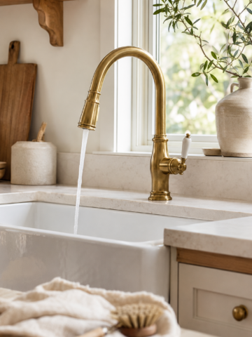 A long-lasting aged-brass kitchen faucet over a white farmhouse sink in a bright, airy kitchen with warm wood and neutral decor.