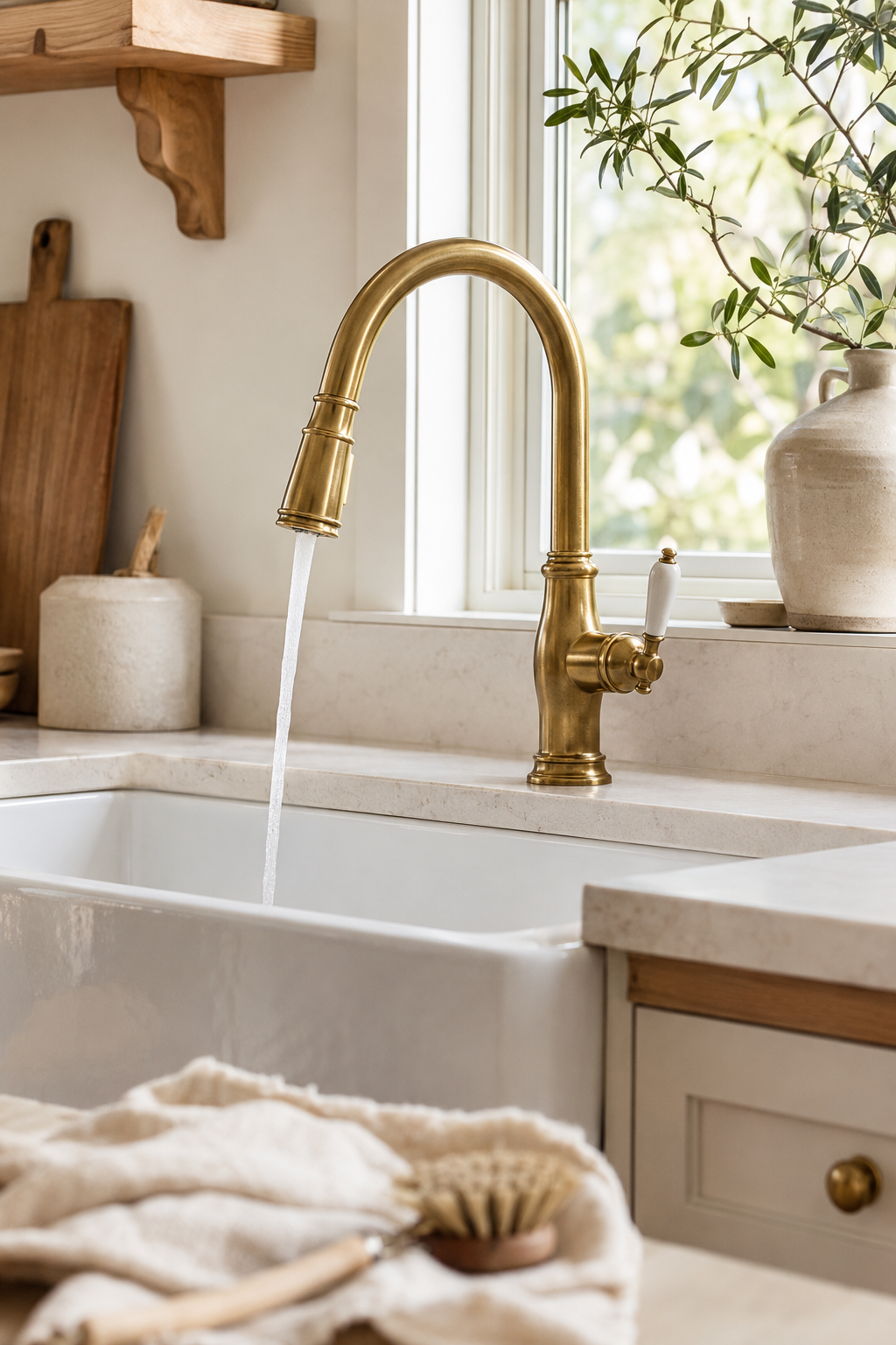 A long-lasting aged-brass kitchen faucet over a white farmhouse sink in a bright, airy kitchen with warm wood and neutral decor.