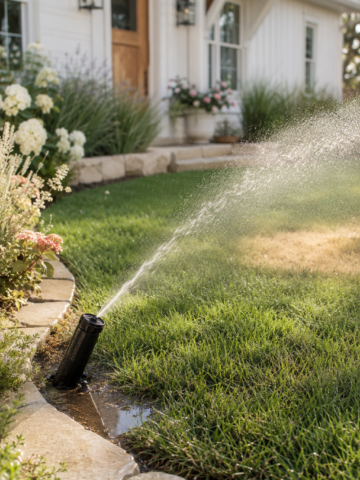 Lawn watering problems shown by a tilted sprinkler, pooling water and a dry patch in a farmhouse yard.