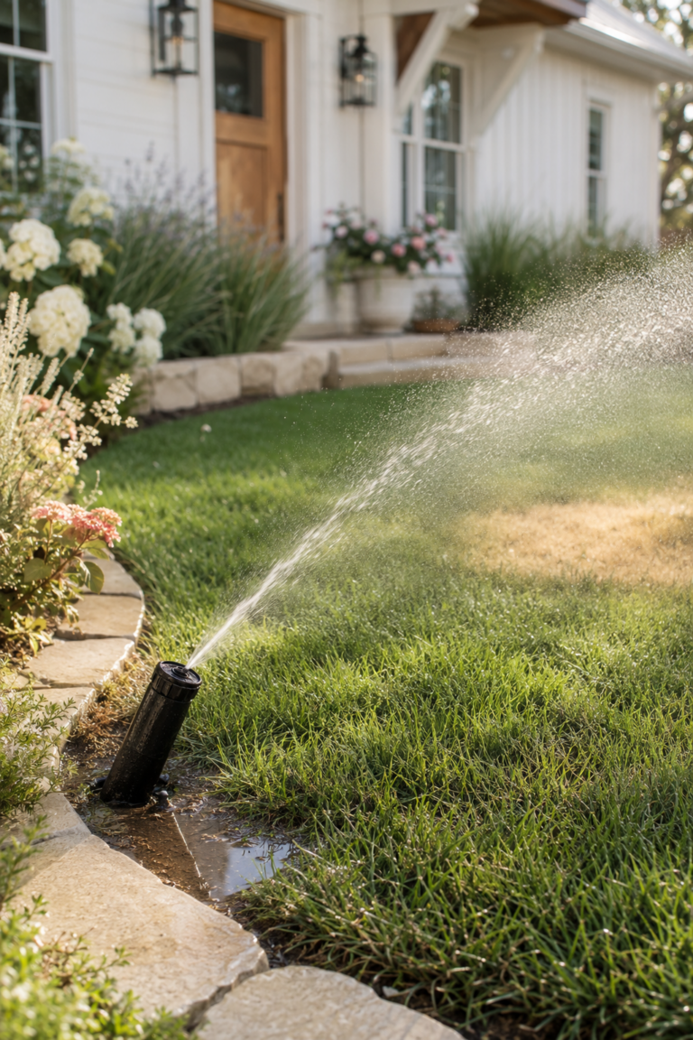 Lawn watering problems shown by a tilted sprinkler, pooling water and a dry patch in a farmhouse yard.