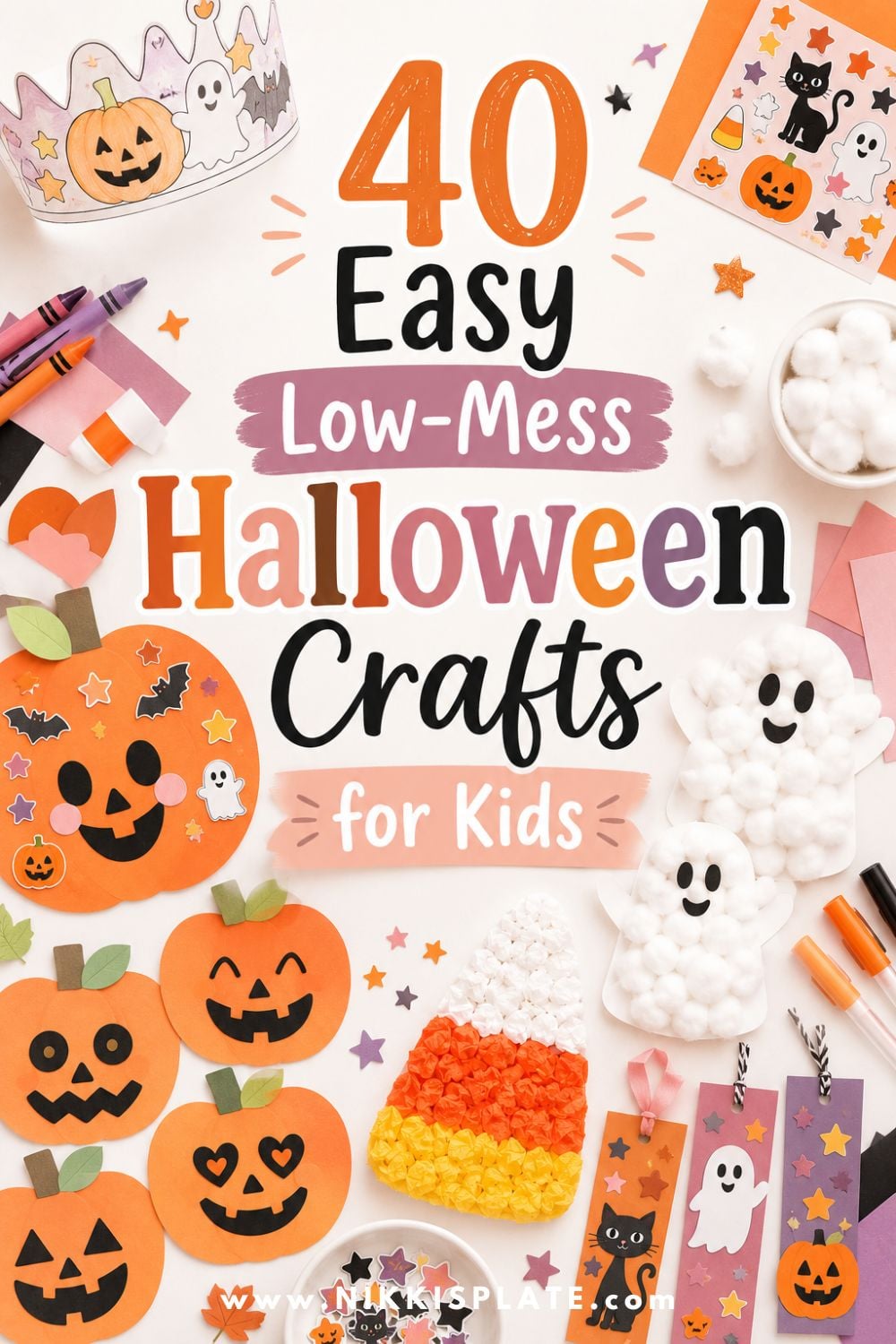 Save these low-mess Halloween crafts for kids for a fun and easy October activity! These simple Halloween craft ideas are perfect for toddlers, preschoolers, classrooms, and busy parents who want cute crafts without a big cleanup.