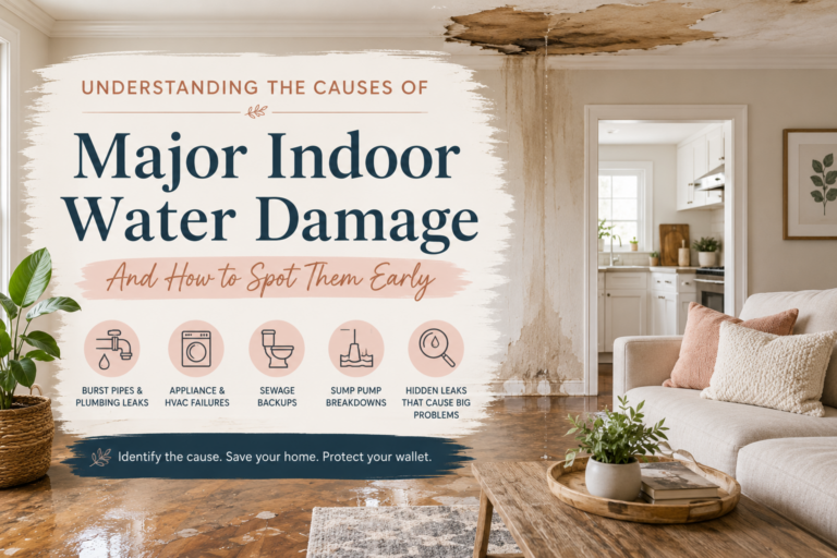 Major indoor water damage can happen quickly from burst pipes, appliance leaks, sewage backups, sump pump failures, or hidden plumbing issues. Here's how to recognize the most common causes and why acting early matters.