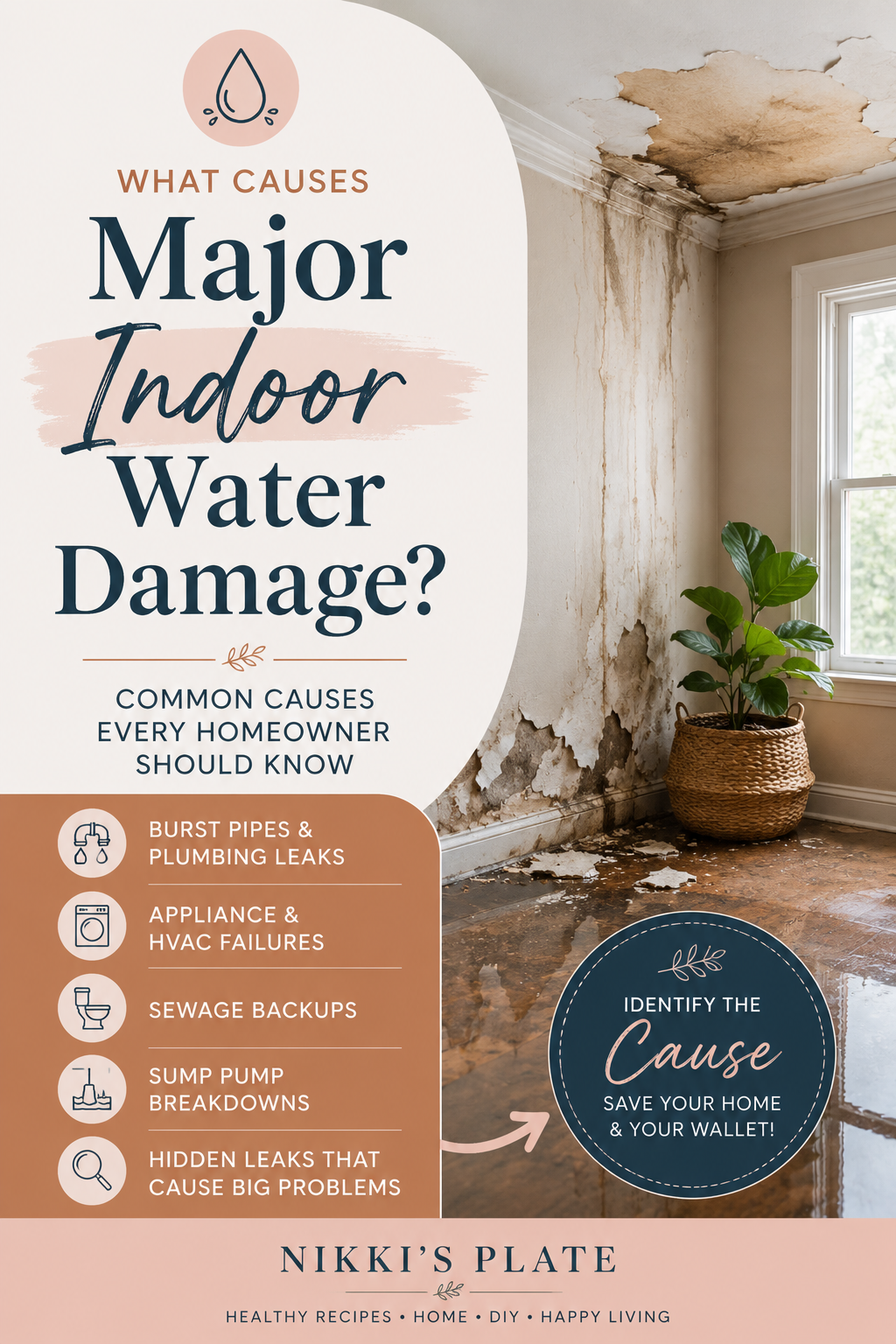 Pinterest pin for a blog post about major indoor water damage, showing a water-damaged room with text highlighting common causes like burst pipes, appliance failures, sewage backups, sump pump breakdowns, and hidden leaks.