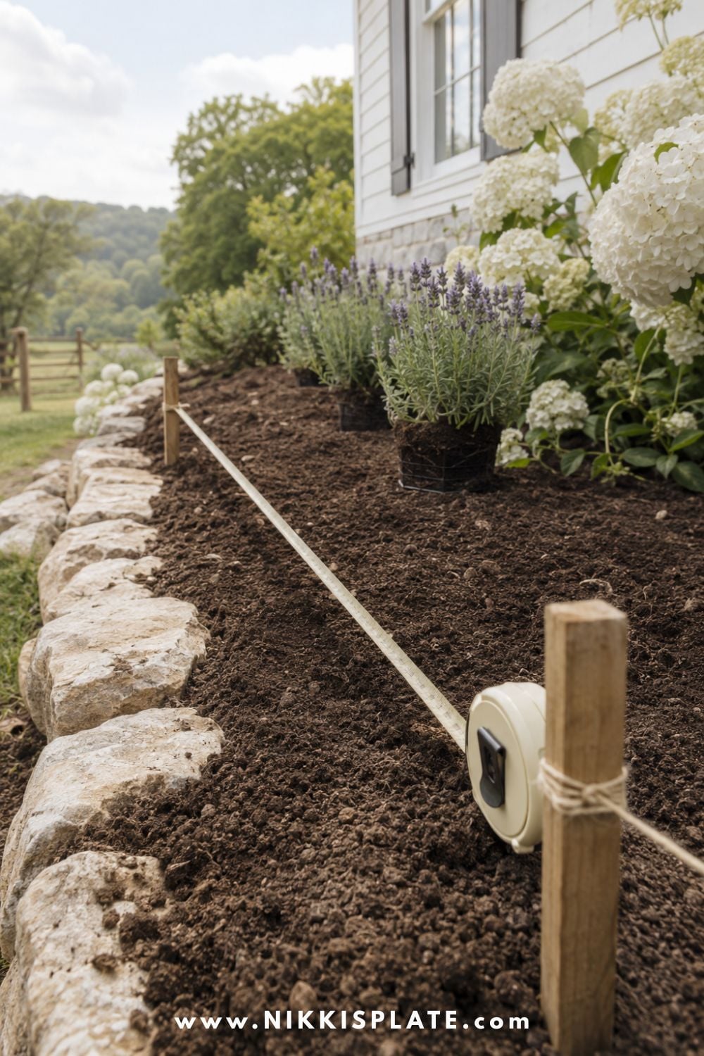 Measuring a backyard flower bed with a tape measure before planting lavender beside white hydrangeas.