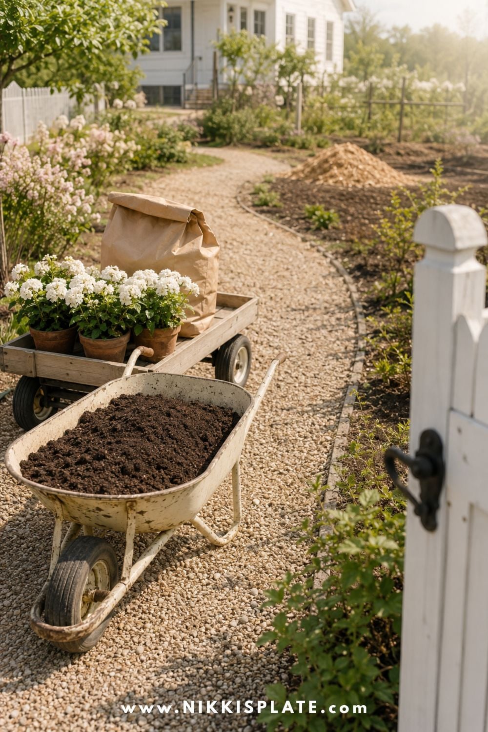 Wheelbarrow filled with garden soil beside a wagon of potted flowers and supplies for a backyard garden project.