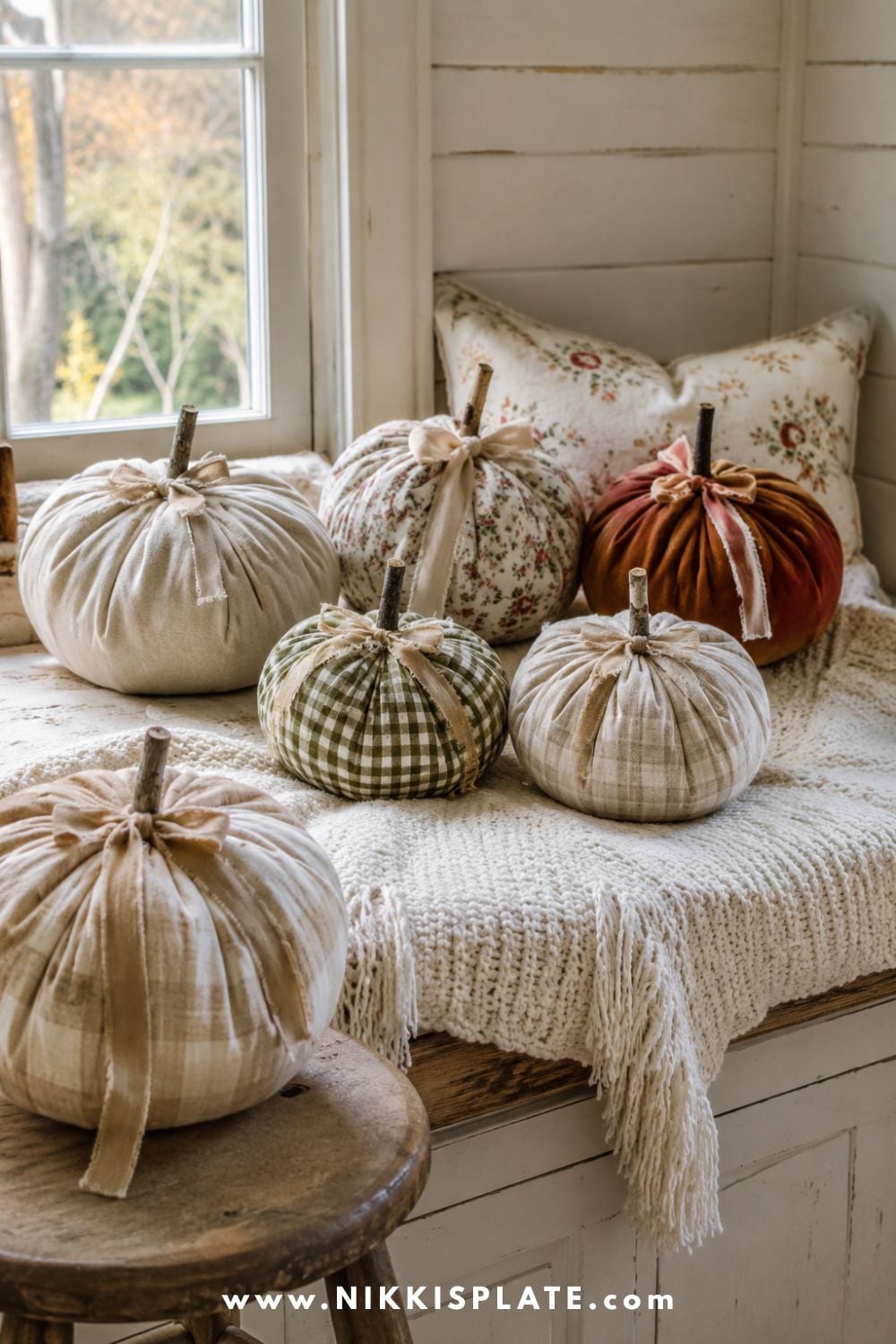 Handmade fabric pumpkins in linen, velvet, floral cotton and gingham styled on a cozy farmhouse bench for fall.